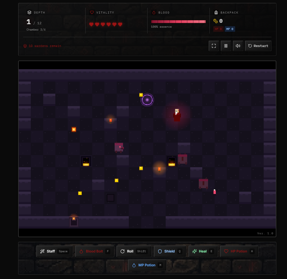 Blood Mage: Descent gameplay — top-down dungeon with HUD showing Depth, Vitality, Blood, and Backpack