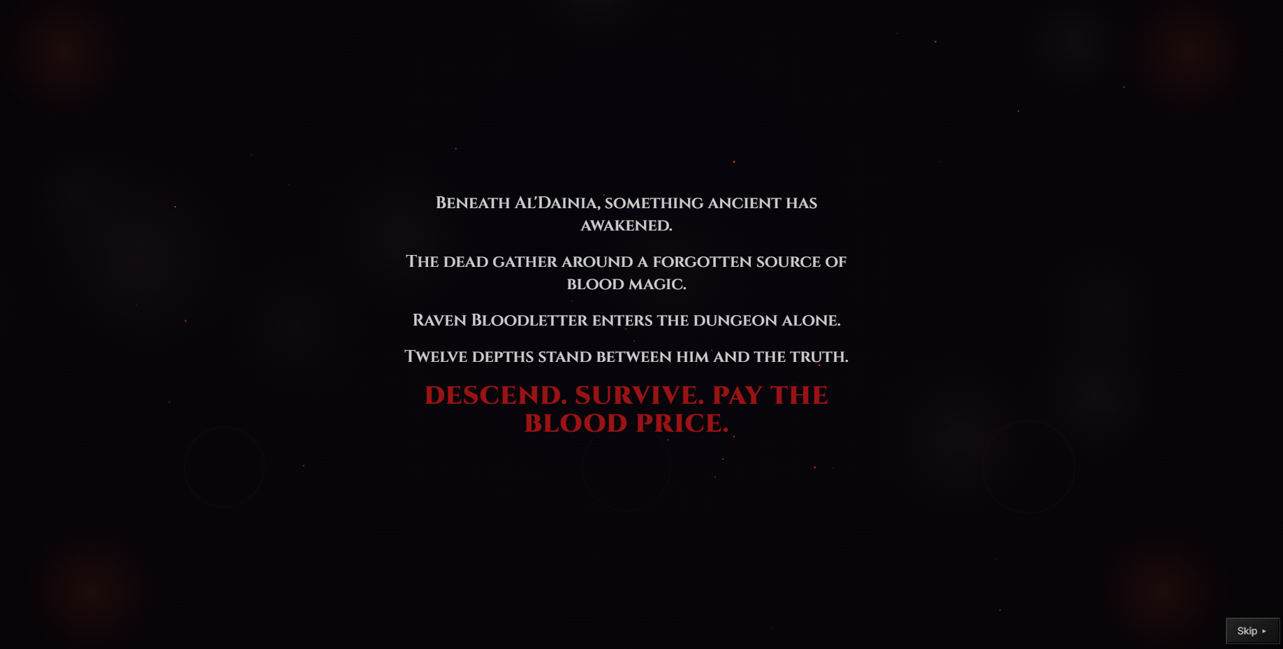 Blood Mage: Descent story intro screen with crimson text and dark atmosphere