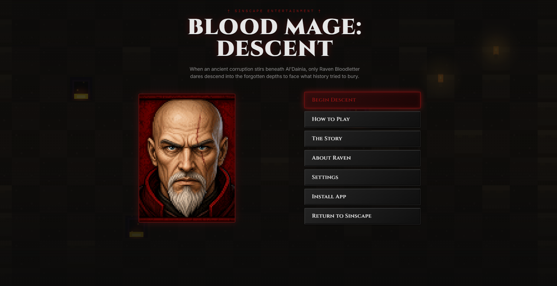 Blood Mage: Descent title screen showing Raven Bloodletter and the main menu